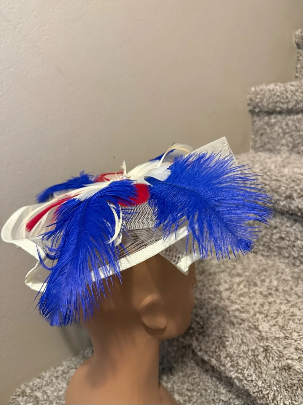 White Fascinator Headpiece with Red & Blue Feather Accents